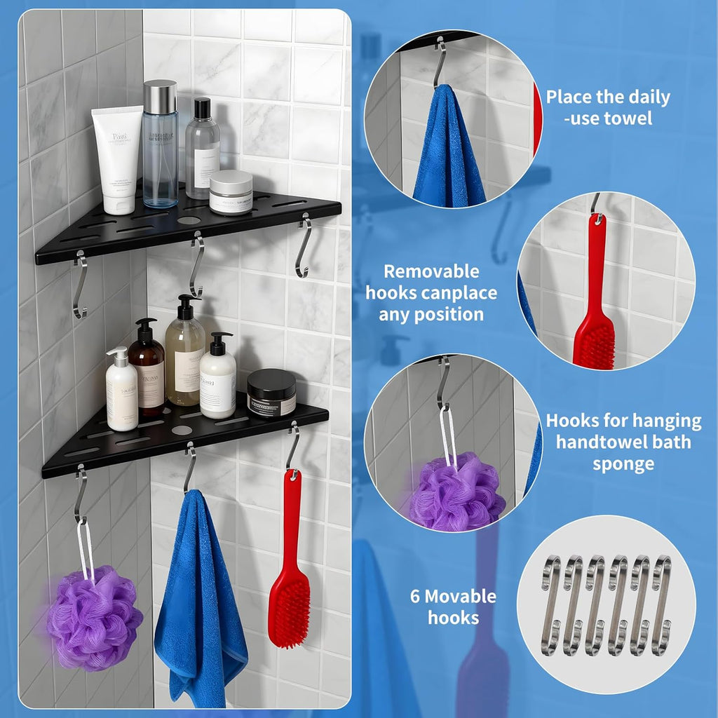 Shower Corner Shelf 304 Stainless Steel Shower Caddy 2 Tier Shower Organizer Niche Extra 6 Hangers Shelves 40 lbs Large Capacity Bathroom Storage for Inside Anti-Rust Drilling Installation(Black)