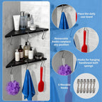 Shower Corner Shelf 304 Stainless Steel Shower Caddy 2 Tier Shower Organizer Niche Extra 6 Hangers Shelves 40 lbs Large Capacity Bathroom Storage for Inside Anti-Rust Drilling Installation(Black)