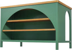 Christopher Knight Home Elle 56" Kitchen Island with Open Storage, Farmhouse Rubberwood Kitchen Island Table with Arch Detail, Storage Cabinet with 3 Open Shelves, Kitchen Prep Table, Green+Natural
