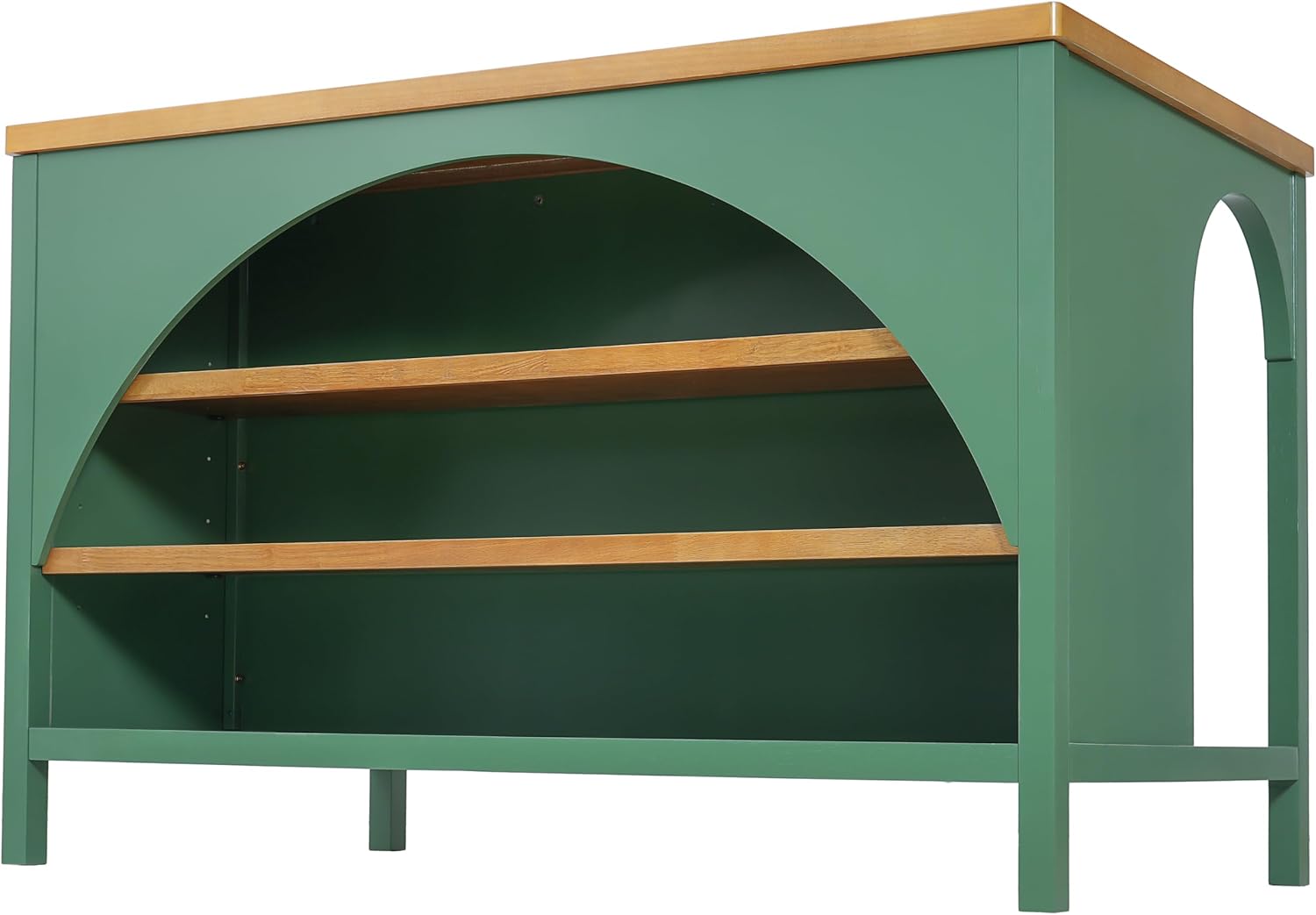 Christopher Knight Home Elle 56" Kitchen Island with Open Storage, Farmhouse Rubberwood Kitchen Island Table with Arch Detail, Storage Cabinet with 3 Open Shelves, Kitchen Prep Table, Green+Natural
