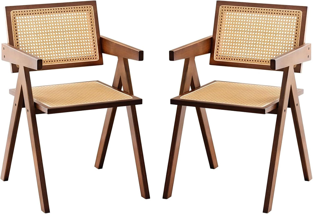 Furlide Rattan Dining Chairs Set of 2, Bamboo Armchairs in Walnut