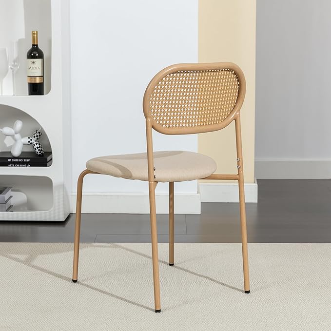 COSVALVE Boho Dining Chairs Set of 6, Upholstered Cane Dining Chair with Rattan Back Metal Legs, for Dinner Living Room Reception