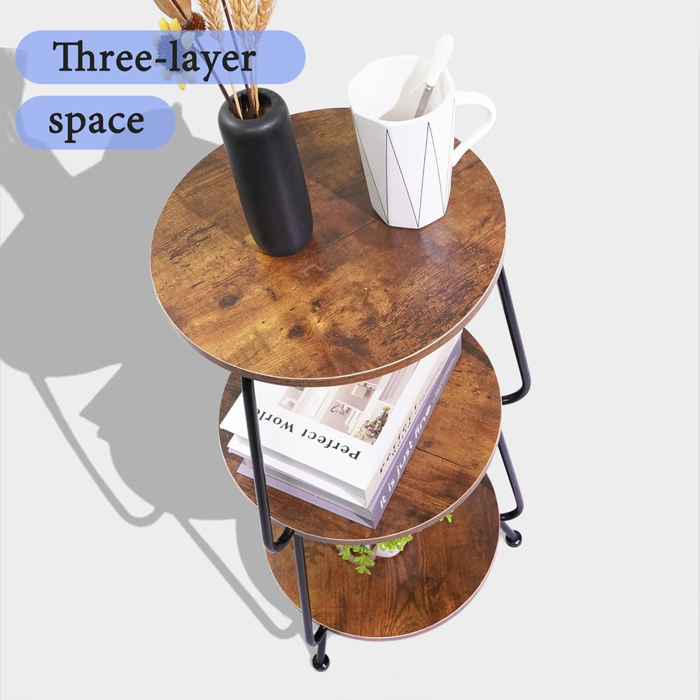 Small Round Side Table - 3 Tier End Table with Storage Shelf, Slim Industrial...