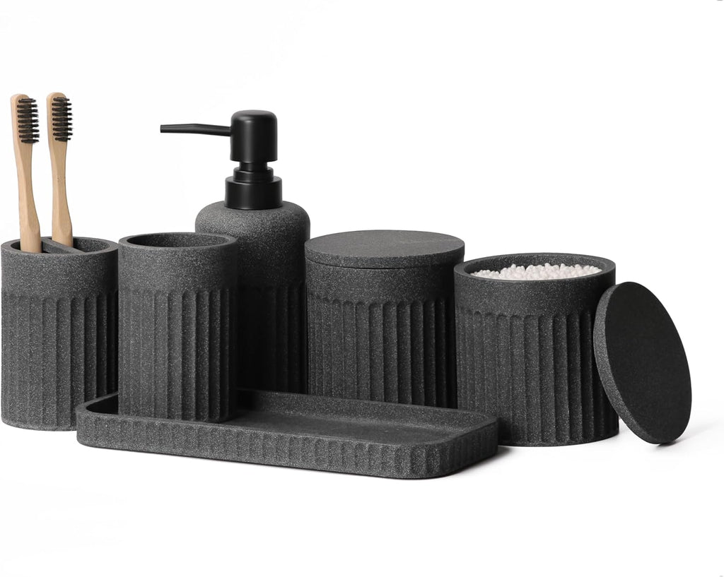 Bathroom Accessory Set - 6 Pieces Bathroom Accessories Set Complete with Soap Dispenser, Toothbrush Holders, Tumbler, Vanity Tray and 2 Qtip Holder for Home Organizer and Decor, Dark Grey