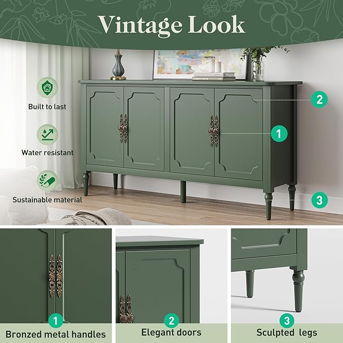 RoyalCraft Modern Buffet Sideboard Set of 2, 58'' Mid Century Modern Console Table, Media Credenza Cabinet with 4 Doors, Accent Cabinet for Entryway, Living Room, Forest Green