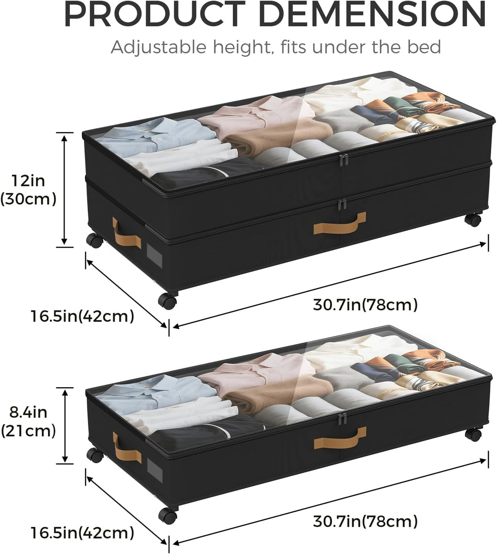 Under Bed Storage with Wheels 4-Pack, 75L XXL Under the Bed Storage Containers Large, 12" Tall Adjustable Storage for Underbed with Lids, Rolling for Shoes, Clothes, Blankets (4PCS-Black)