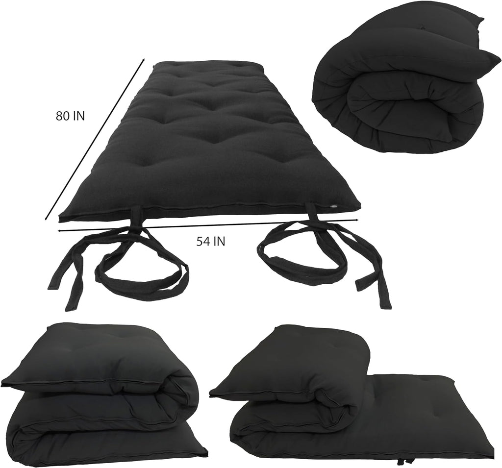 D&D Futon Furniture Full Size Black Traditional Japanese Floor Futon Mattresses 80 x 54 x 3, Foldable Cotton Cushion Mats, Yoga, Meditation