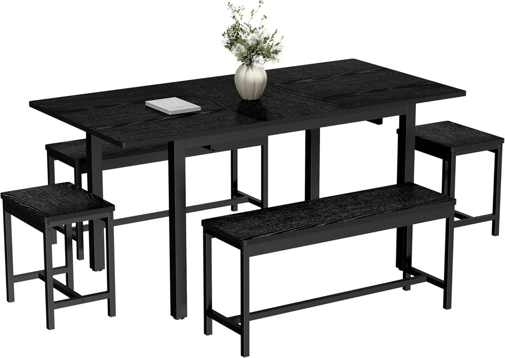 GarveeHome 5 PCs Dining Table Set for 6-8 People, 63 in Extendable Kitchen Table Set with 2 Benches and 2 Square Stools, Modern Dining Room Furniture Sets, Easy Assembly, Black