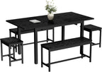 GarveeHome 5 PCs Dining Table Set for 6-8 People, 63 in Extendable Kitchen Table Set with 2 Benches and 2 Square Stools, Modern Dining Room Furniture Sets, Easy Assembly, Black