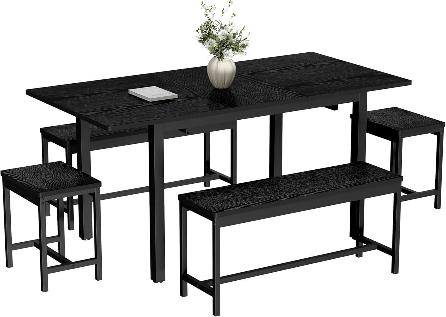 GarveeHome 5 PCs Dining Table Set for 6-8 People, 63 in Extendable Kitchen Table Set with 2 Benches and 2 Square Stools, Modern Dining Room Furniture Sets, Easy Assembly, Black