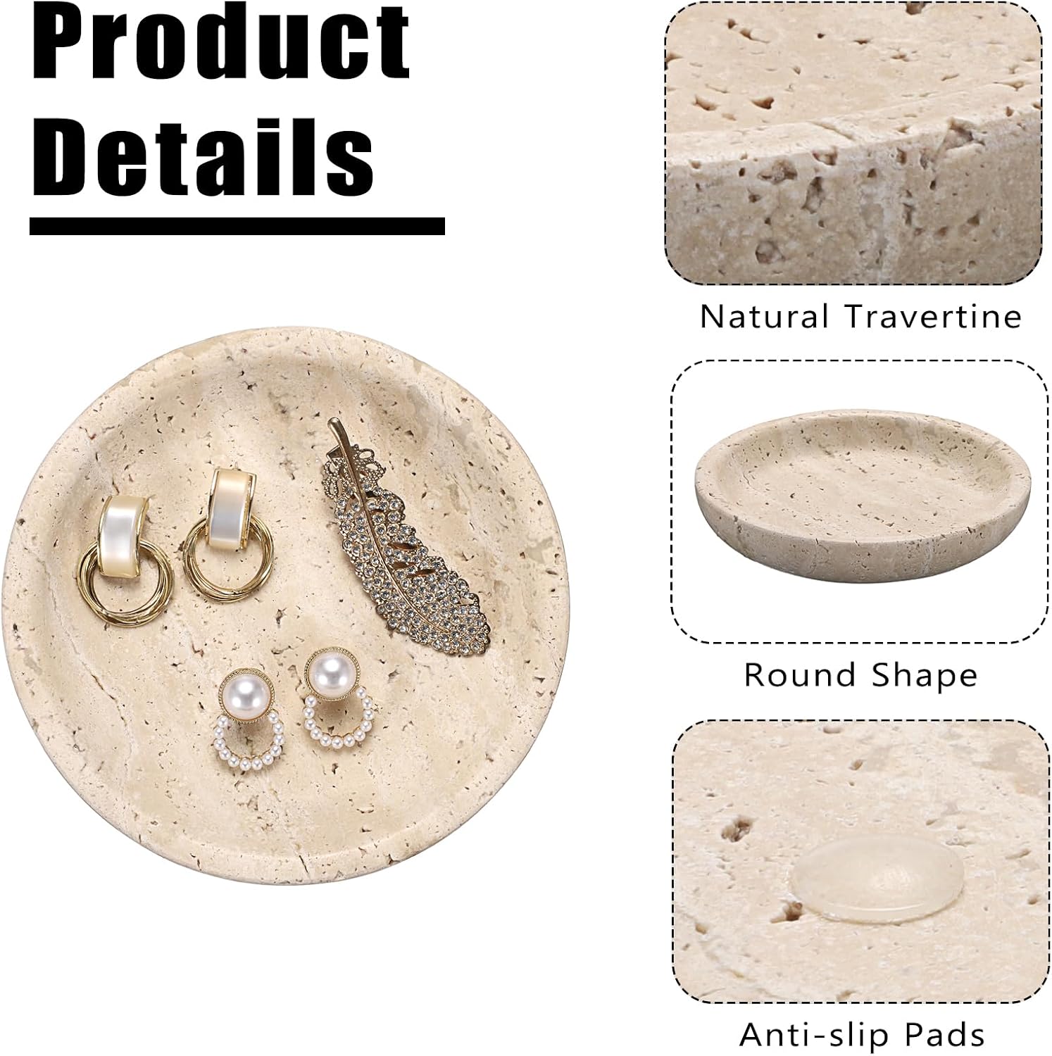 Travertine Jewelry Tray Round Trinket Dish Vintage Decorative Tray Entry Table Nightstand Bowl for Display Rings Earrings Necklace Key Organizer Home Decor