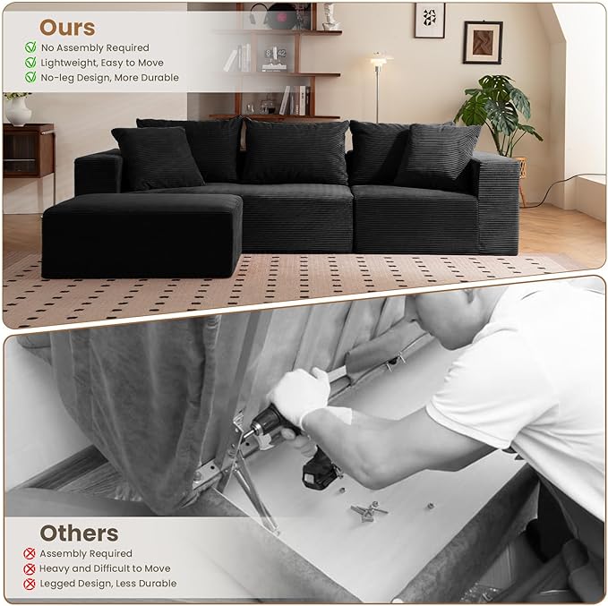 108" L-Shaped Boneless Couch, Modular Sectional Sofa with Moveable Ottoman, Corduroy Cloud Couches for Living Room, No Assembly, Ship in a Box, Black
