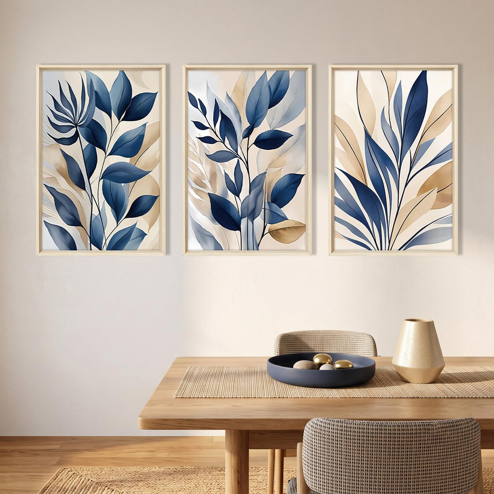 HOURIA Navy Blue Neutral Tan Leaf Framed Canvas Wall Art Set-16"x24"x3