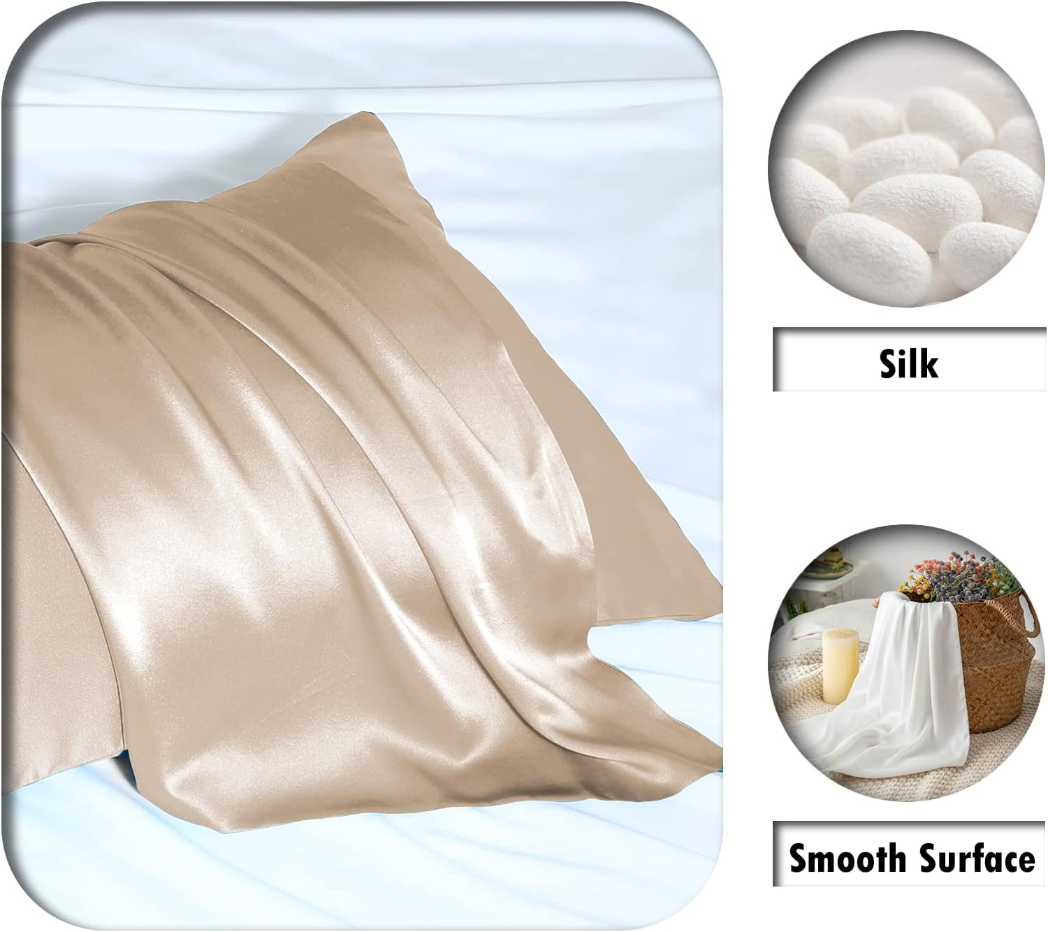 Silk Pillowcase for Hair and Skin,Soft,Breathable and Sliky 100% Standard Size Pillow Cases Set of 2,Both Sides Natural Mulberry Silk Pillowcases with Hidden Zipper(Standard Size 20"X 26",2pcs)