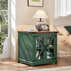 Joaxswe Farmhouse End Table with Charging Station Set 2, 24" Large Sofa Side Table with Glass Barn Door, Nightstand with Adjustable Storage Shelf, Wood Square Bedside Table for Living Room, Bedroom