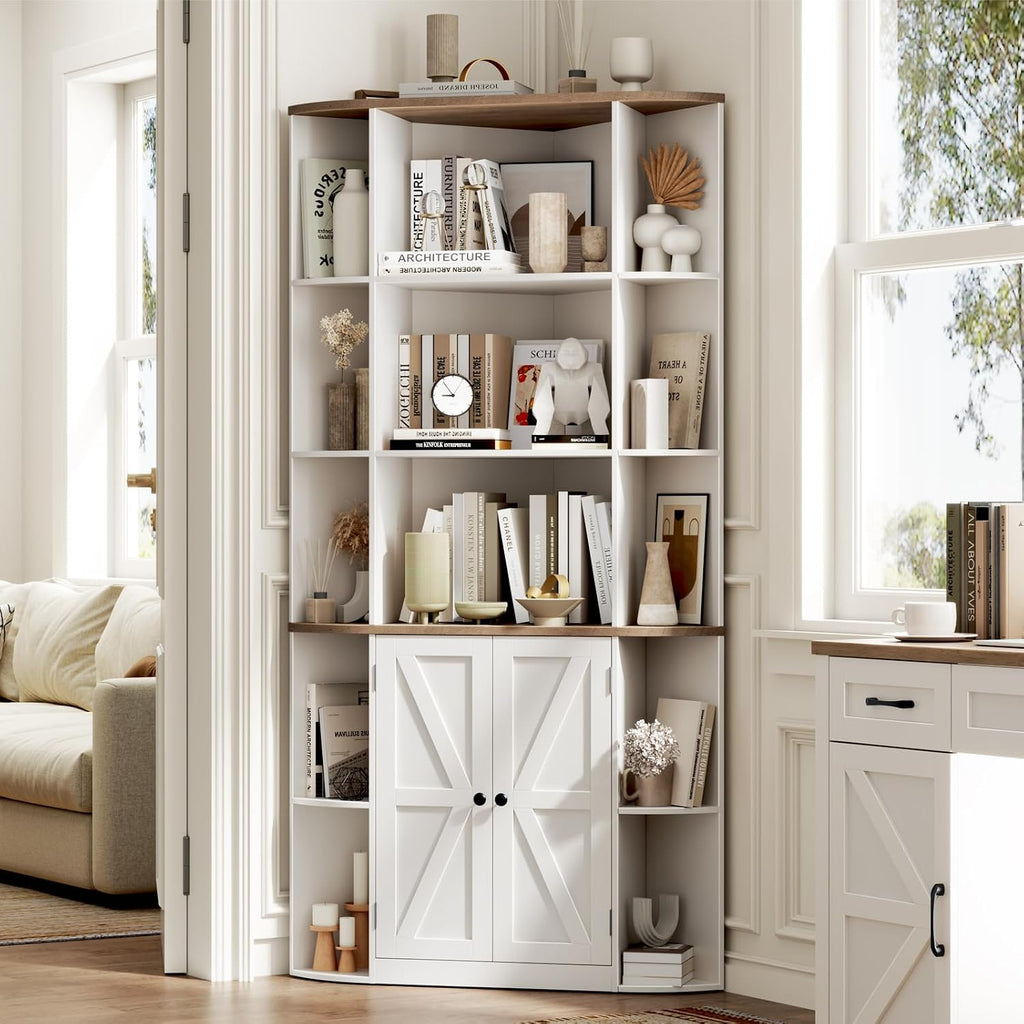 Halitaa Corner Storage Cabinet, 67" White Brown Tall Corner Bookshelf | 67'' Farmhouse Storage Shelf with Bottom Cabinet and Ajustable Shelf for Study, Living Room and Kitchen, White and Brown
