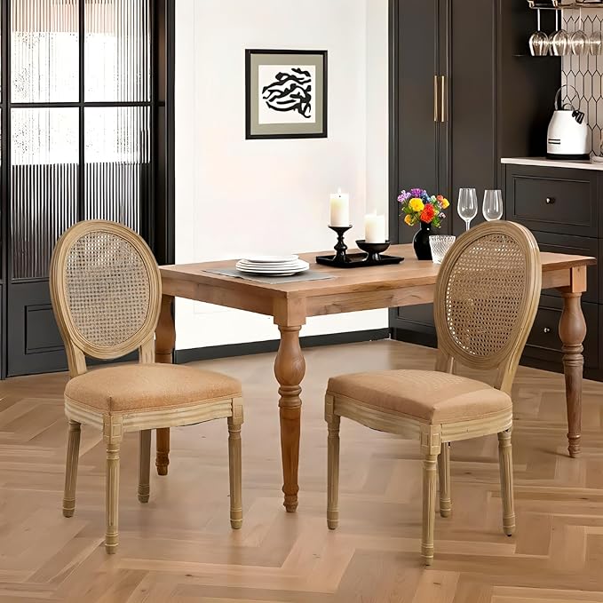 French Country Dining Chairs Set of 6,Farmhouse Upholstered Dining Room Chairs with Round Back and Solid Leg,Rattan Kitchen Chairs for Kitchen/Bedroom/Dining Room,Tan