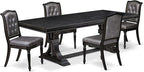 LEMA5-SBB-34-5-Piece Modern Dining Set Consists of a Dining Table and 4 Dark Grey Polyester Fabric Dining Chairs with Button Tufted Back - Sand Blasting Black Finish