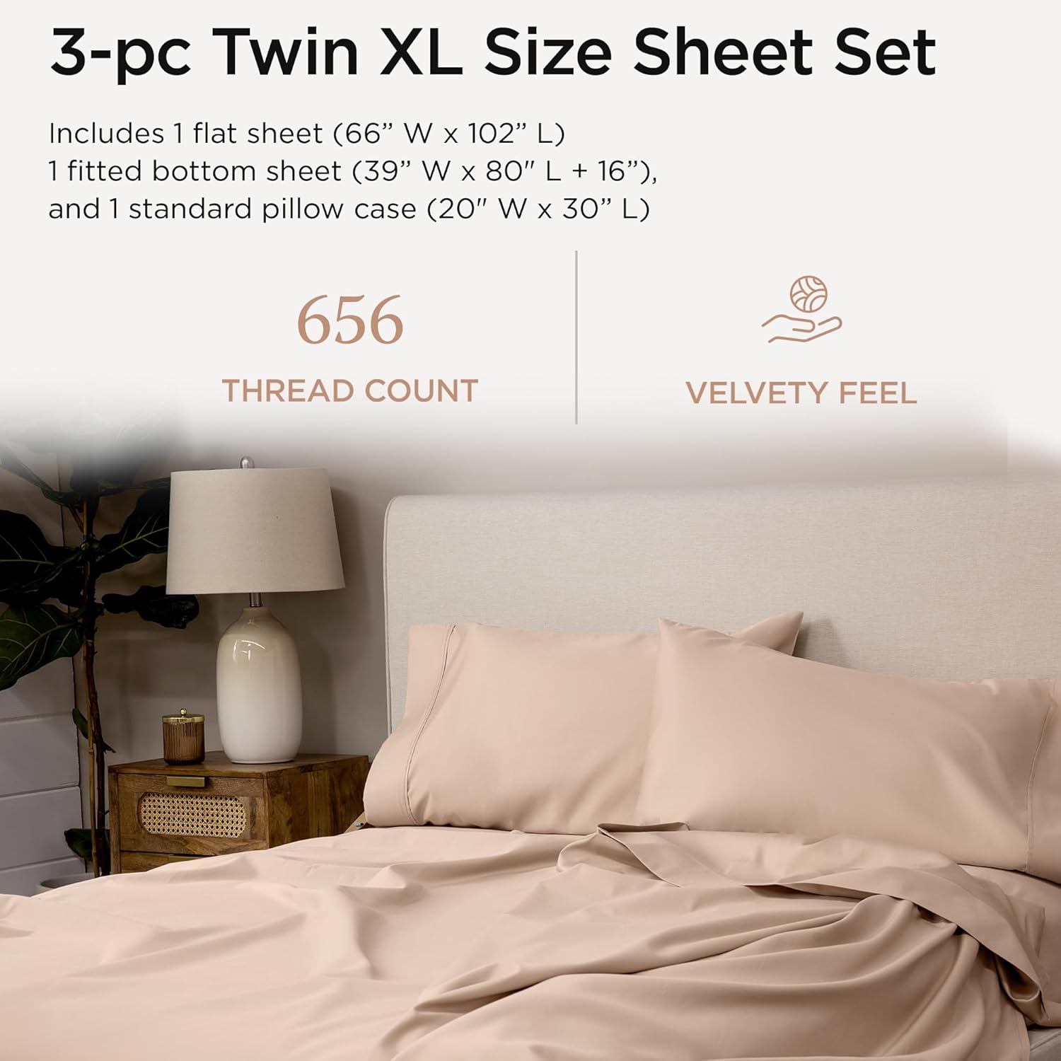 Threadmill Twin XL Sheet Sets | 656 Thread Count 100% Supima Cotton Sheets for Twin XL Mattress |Solid Sateen Twin XL Bed Sheets Set| 16” Deep Pocket | Soft Breathable 3-Piece Cooling Sheet Set |Beige