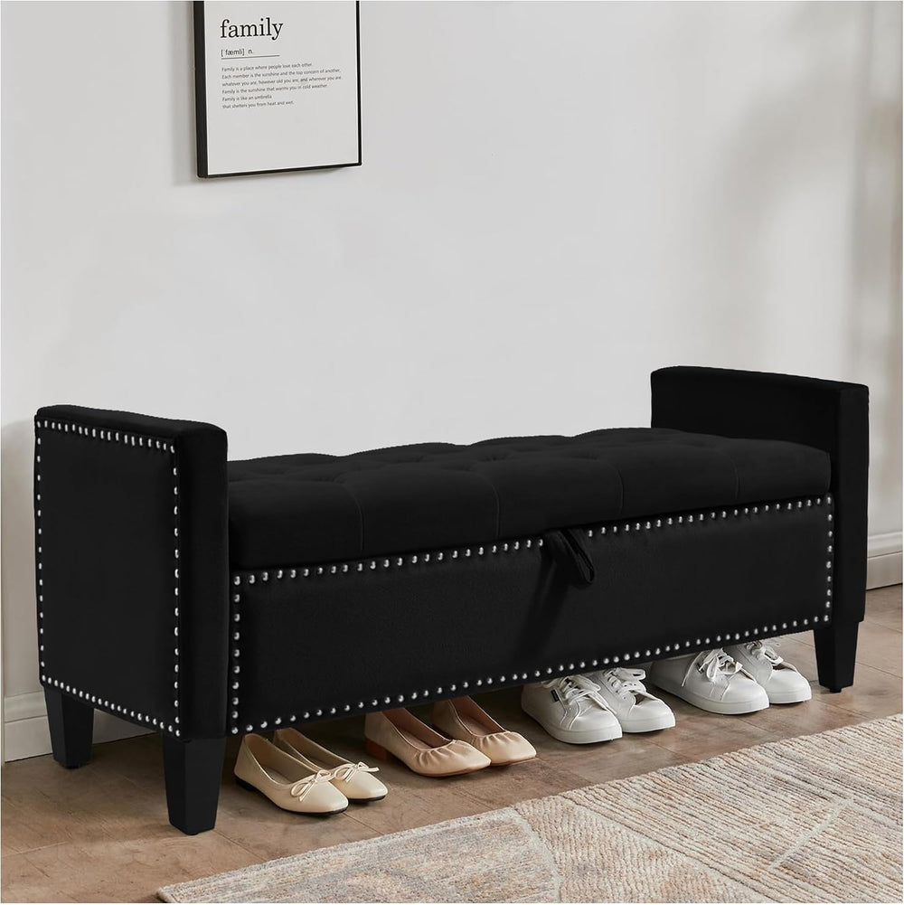 Storage Ottoman Bench, Velvet Upholstered Footstool for Bedroom and Living Ro...