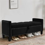 Storage Ottoman Bench, Velvet Upholstered Footstool for Bedroom and Living Room, Tufted Seat with Storage, Wooden Legs & Metal Rivets, Black