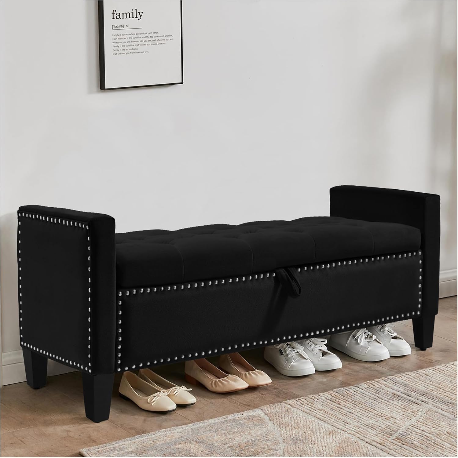 Storage Ottoman Bench, Velvet Upholstered Footstool for Bedroom and Living Room, Tufted Seat with Storage, Wooden Legs & Metal Rivets, Black