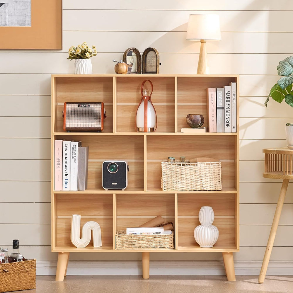 LEYAOYAO Wooden 8 Cube Book Shelf, Natural 3 Tier Bookshelf with Legs, Modern...