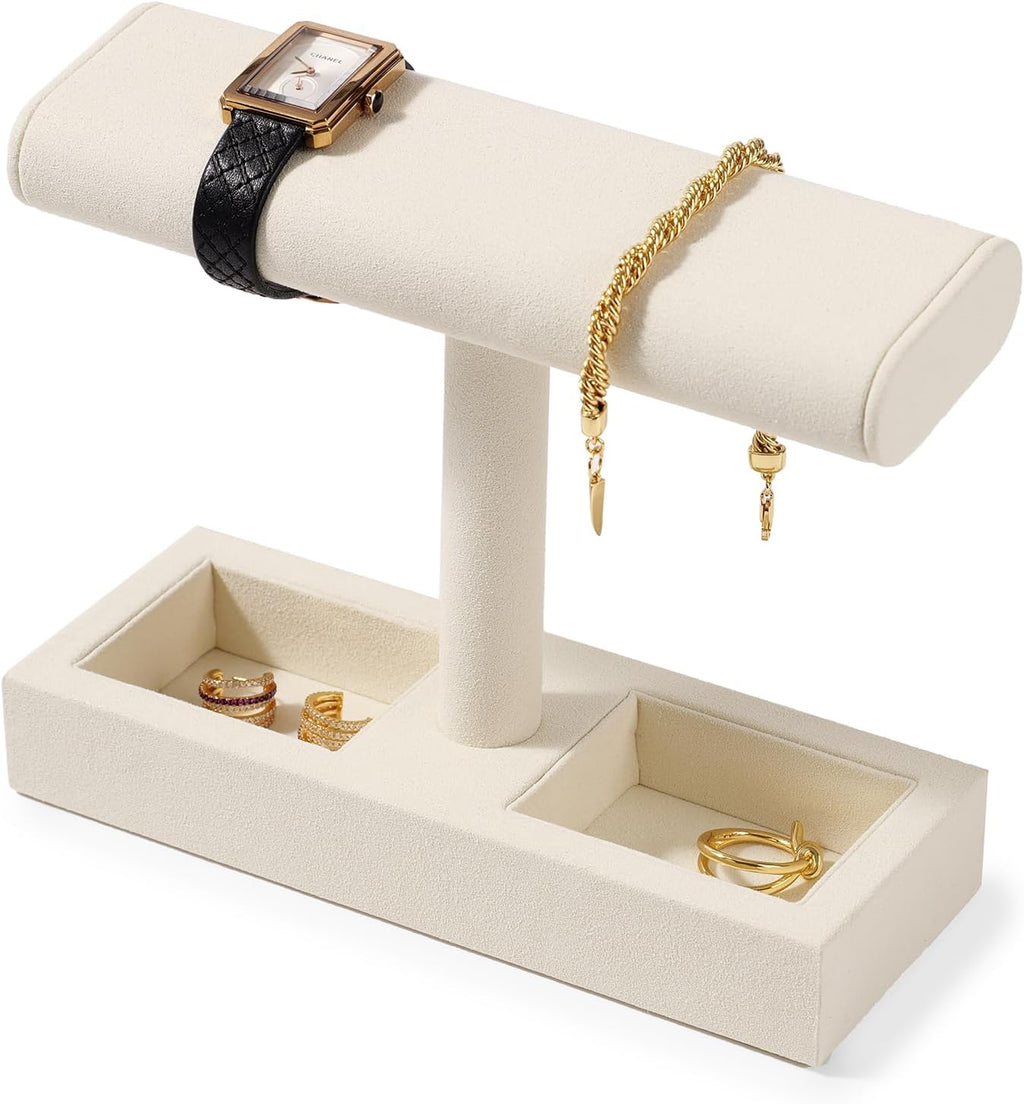 Oirlv Microfiber T-Bar Watch Display Stand Jewelry Display Props Jewelry Organizer Holder for Watch Bracelet Ring Earrings (Creamy-white,Microfiber)