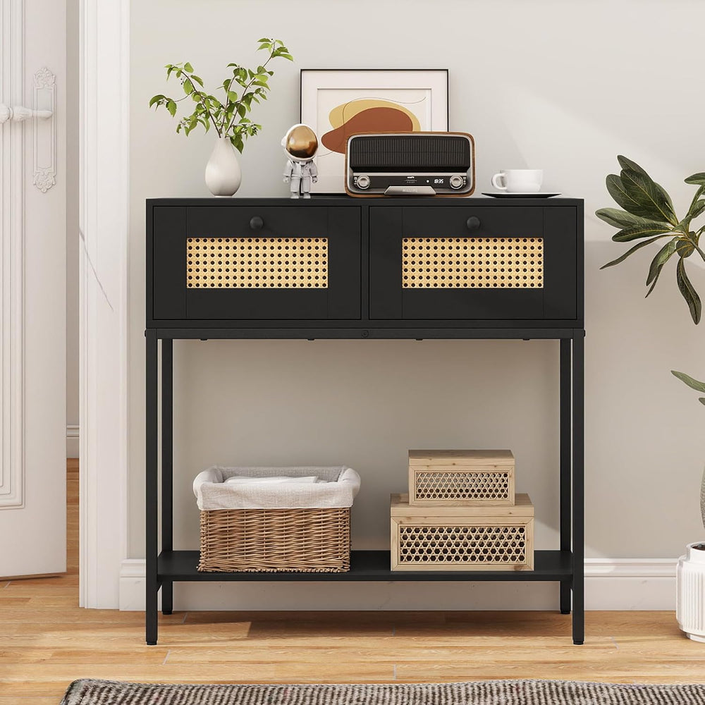 GOFLAME Rattan Console Table, Boho Entryway Table with 2 Drawers & Open S...