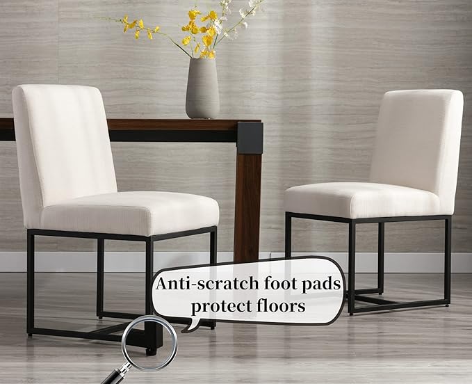 CIMOTA Modern Linen Dining Chair Set of 4, Mid Century Dining Room Chairs Fabric Upholstered Armless Side Chair with Black Sled Base for Dining Room, White Cream 4PCS