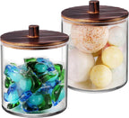 SheeChung 2 Pack 50 Oz Large Apothecary Jar with Wood Lid, Laundry Pods Container, Storage Jars for Bathroom Organization, Plastic Canisters with Cute Stickers Spoons(Dark Brown)