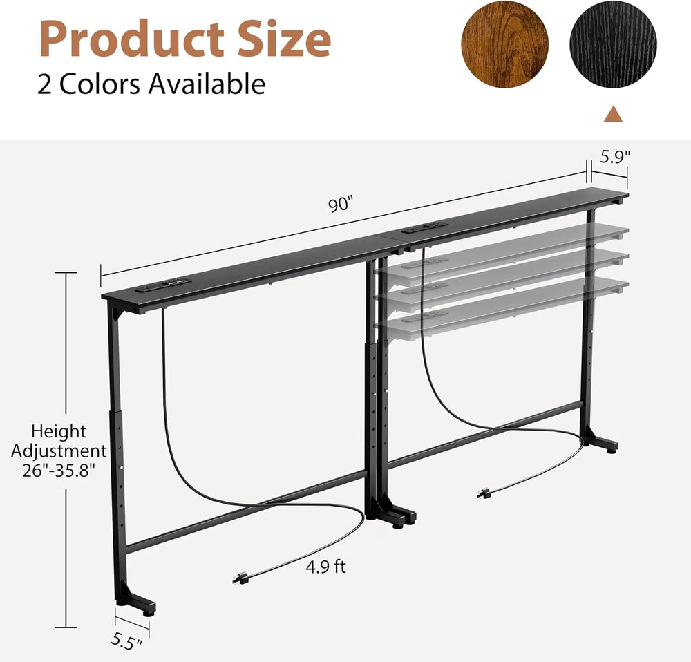GRLEAF 2 Pack Adjustable Height Narrow Console Table with Power Outlets, 90&q...