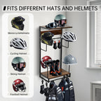Motorcycle Helmet Rack, Wall Mount with 4 Glove Chips, 10 Hooks and Rustic Finish for Multiple Helmets and Clothes