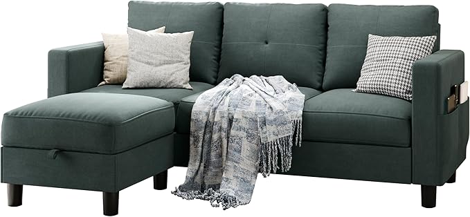 Vongrasig Convertible Sectional Sofa Couch, 3 Seat L Shaped Sofa with Removable Pillows Linen Fabric Small Couch Mid Century for Living Room, Apartment and Office (Black)