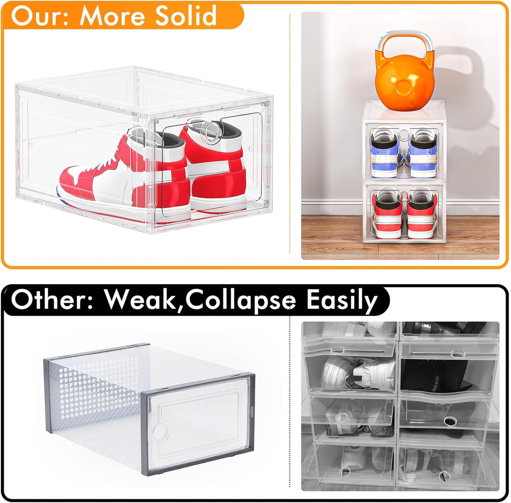 6 Pack Upgrade Harder Shoe Organizer, Shoe Storage with Magnetic Front Door, Clear Shoe Boxes Foldable Space-Saving Shoe Rack for Sneaker Boot Container, White