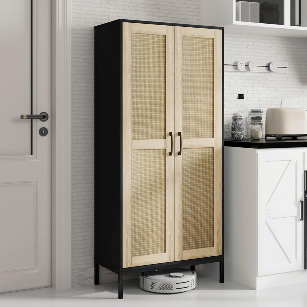 60" Tall Kitchen Pantry with 2 Rattan Doors and 3 Adjustable Shelves,Fre...