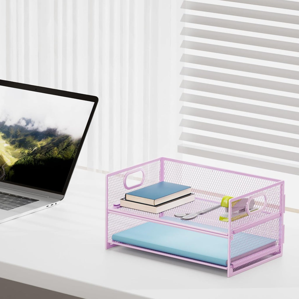Marbrasse 2 Tier Paper Organizer Letter Tray, Mesh File Organizer with Handle, Paper Sorter Desk Organizer for Home Office Supplies - Purple