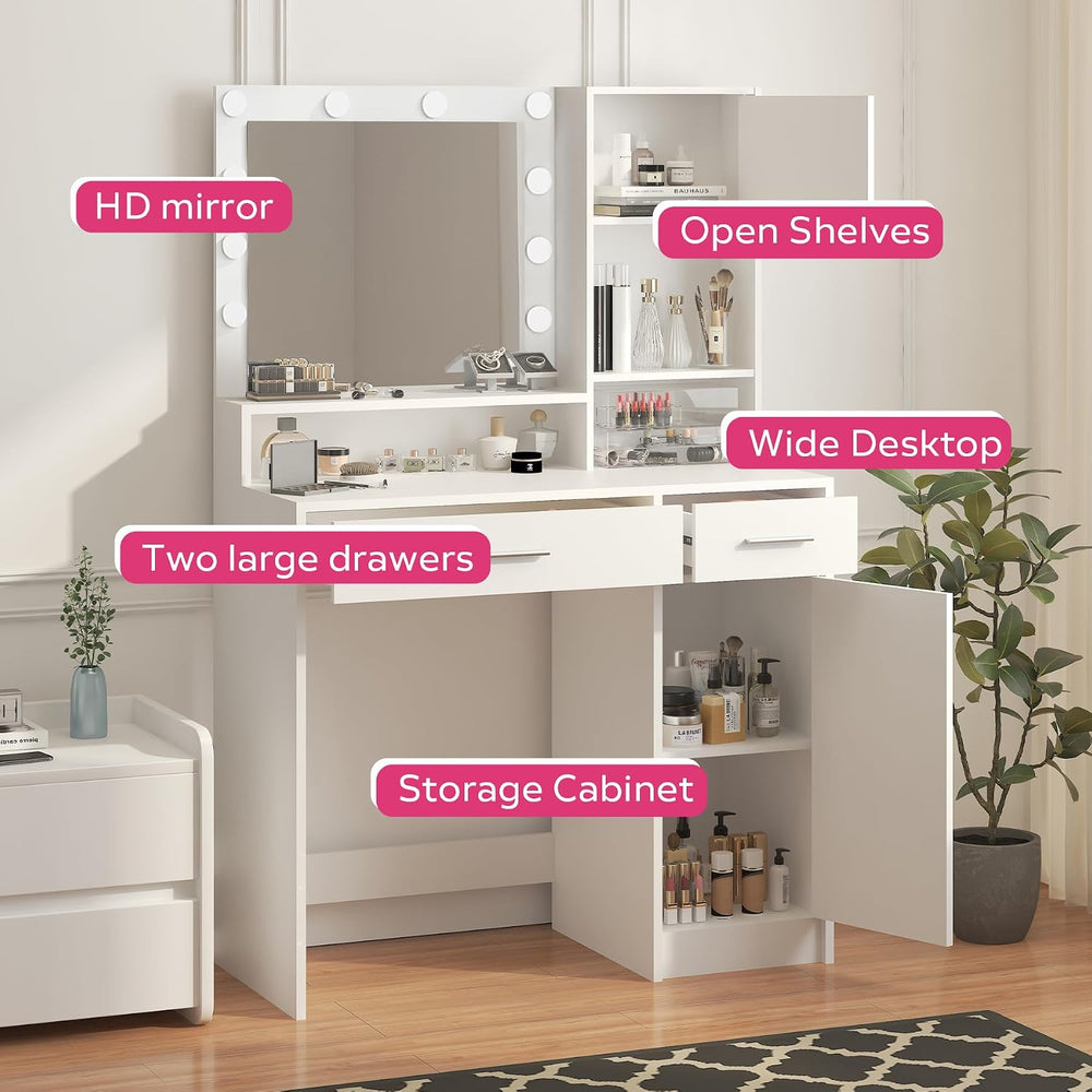 MIRROTOWEL Vanity Desk with Mirror and LED Light Strip,Dressing Table with La...