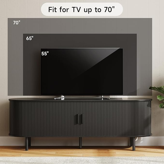 ONBRILL 63" TV Stand with Power Outlet for TVs up to 70 Inch, Entertainment Center with Storage and Adjustable Shelves, Modern Media Console with Sliding Doors for Living Room, Black