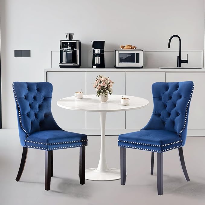 SoarFlash Kitchen Table and Chairs for 2, 24" Dining Table Set for 2 with Velvet Upholstered Chairs, 3 Piece Round Kitchen Table Set, Dining Room Table Set for Small Space, Apartment, Blue/White