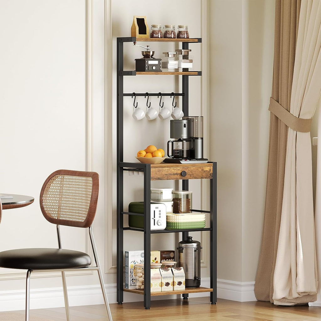 YATINEY Bakers Rack, 5-Tier Coffee Bar Station, Coffee Stand with Pod Drawer Holder, Versatile Kitchen Storage Rack with 4 Hooks, for Living Room, Cafe Corner, Rustic Brown and Black KF01BRY1