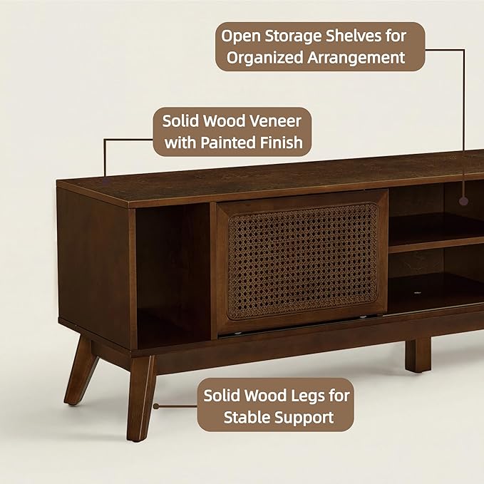 LKTART 68 Inch Mid Century Modern TV Stands with Rattan Doors,MCM Entertainment Center Media Console for 60/65/70/75 inch TVS,Long Boho Television Stand for Living Room, Dark Walnut