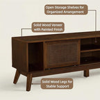 LKTART 68 Inch Mid Century Modern TV Stands with Rattan Doors,MCM Entertainment Center Media Console for 60/65/70/75 inch TVS,Long Boho Television Stand for Living Room, Dark Walnut
