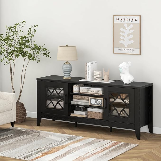 Giantex Farmhouse TV Stand for TVs up to 65", Entertainment Center with 4 Adjustable Storage Shelves & Tempered Glass Doors, Modern TV Console Table for Bedroom, Living Room