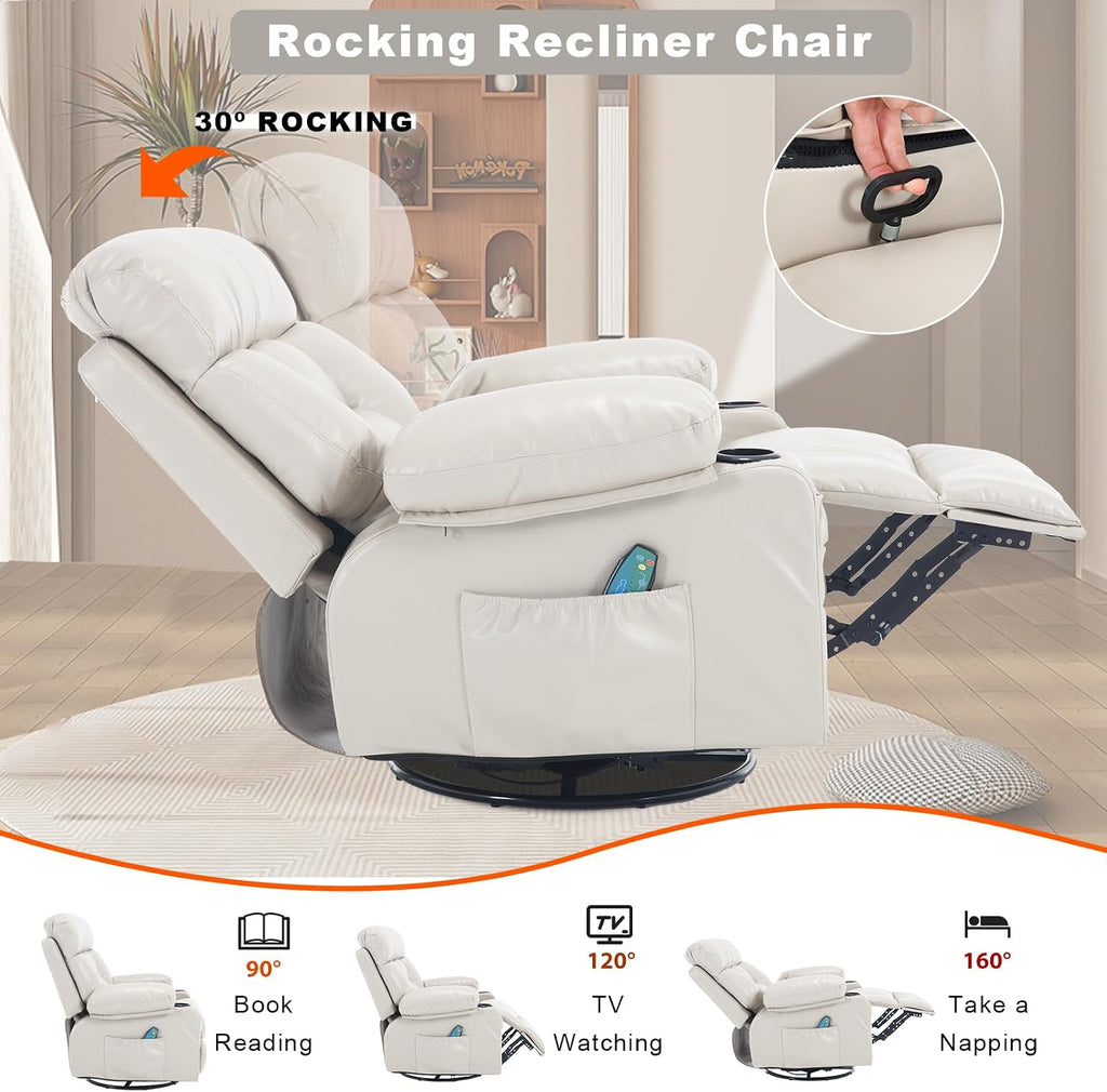 Swivel Rocker Recliner Chair Massage Beige Rocking Glider Chair for Nursery | Wide Seat, Overstuffed, Cup Holders, Faux Leather, Living Room Lounge Chair