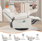 Swivel Rocker Recliner Chair Massage Beige Rocking Glider Chair for Nursery | Wide Seat, Overstuffed, Cup Holders, Faux Leather, Living Room Lounge Chair