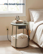 SONGMIC HOME Round Side End Table, Nightstand with Charging Station and Fabric Basket, for Living Room, Green and White