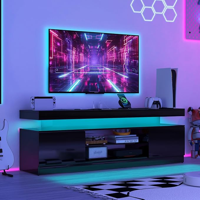 Verano Garden 63" LED TV Stand for 75 Inch TV, High Gloss Entertainment Center with 2 Storage Cabinets and Open Shelf, Modern TV Media Console with Power Outlet & Light for Living Room, Bedroom, Black