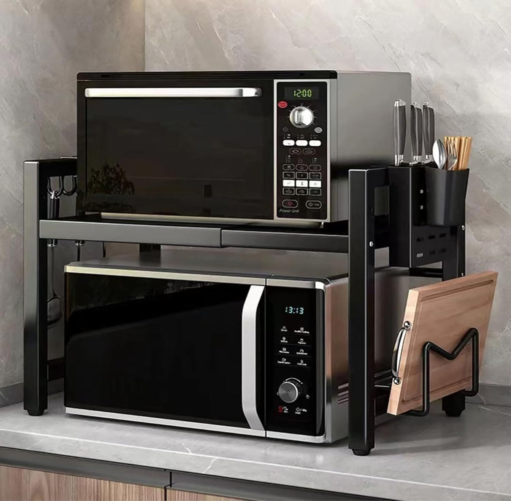 Extendable Microwave Oven Rack, 15.7~24.8" L Expandable Microwave Stand with Storage Shelf Heavy Duty with 6 Hooks and Chopsticks Cutting Board Holder for Kitchen Countertop