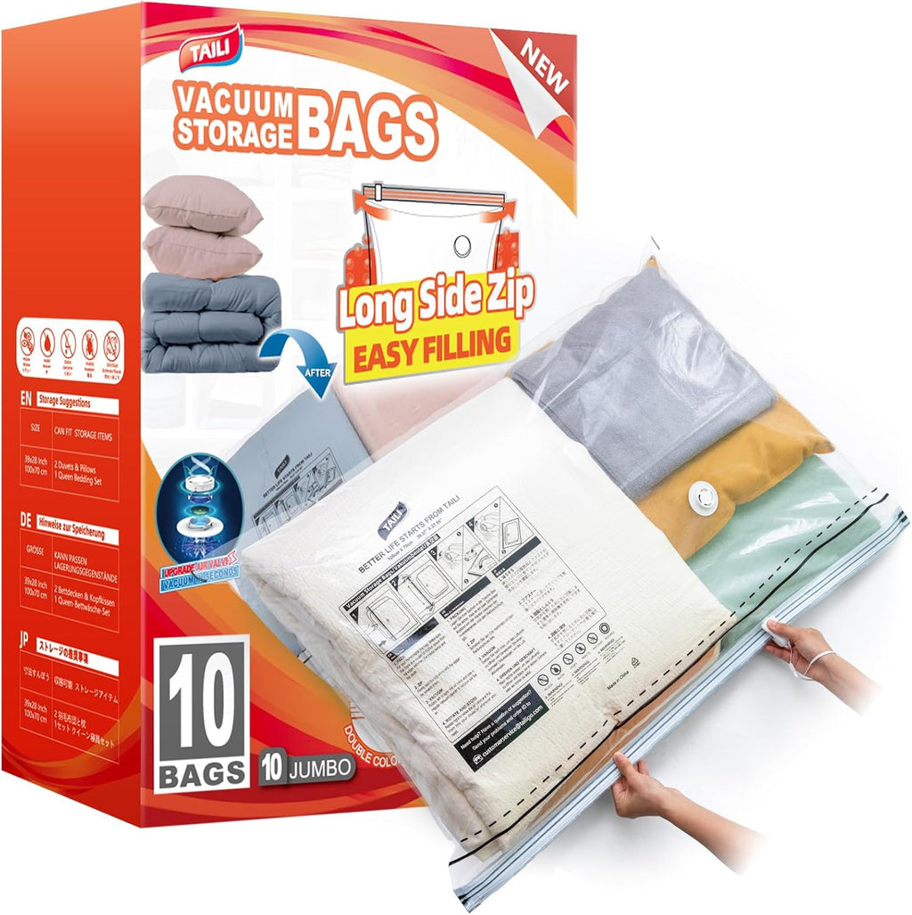 TAILI 10 Pack Vacuum Storage Bags, LONG SIDE ZIP (39x28 inch), Vacuum Seal Bags for Clothing, Jumbo Storage Space Saver for Beddings, Comforters, Blanket, Pillows and Clothes